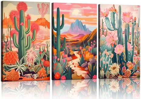 Framed Cactus Canvas Wall Art Green Pink Orange Plant Floral Wall decoration by Unknown