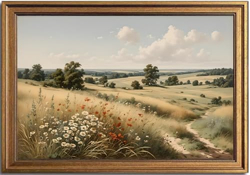 KBKBART Gold Framed Vintage Wall Art, Serene Fields Wildflowers Vintage by KBKBART