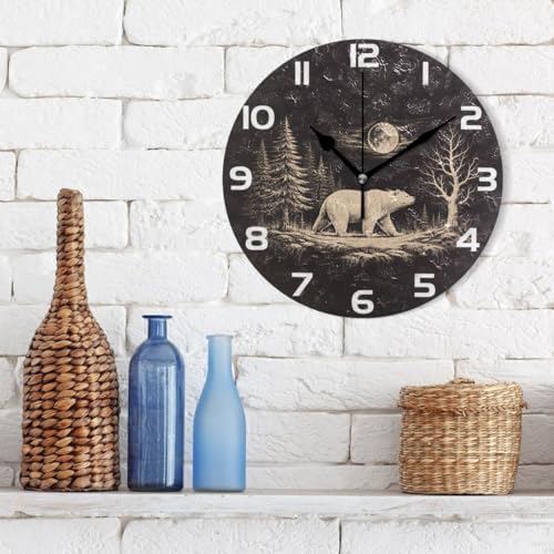 ABLINK Grunge Bear in Forest Round Wall Clock, Silent Non Ticking Oil Painting - Image 3