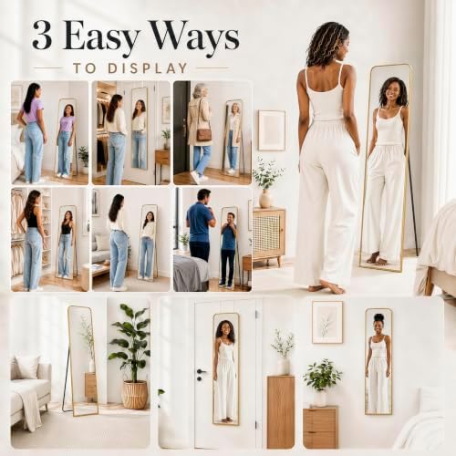 57x16" Full Length Mirror Floor Stand, Over the Door, Wall Mounted Gold - Image 6