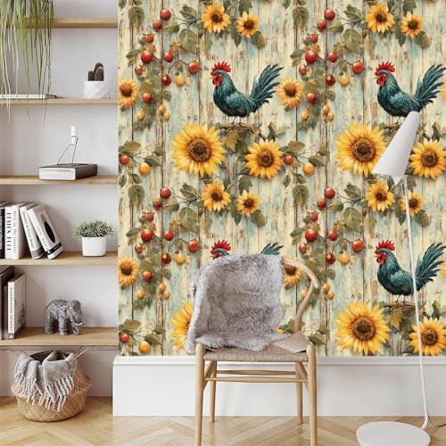 Sunflowers Rooster Peel and Stick Wallpaper Artistic Wood Vintage Pattern - Image 3