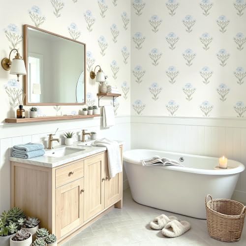 Safiyya White and Blue Peel and Stick Wallpaper Floral Contact Paper 197"x17.3" - Image 7