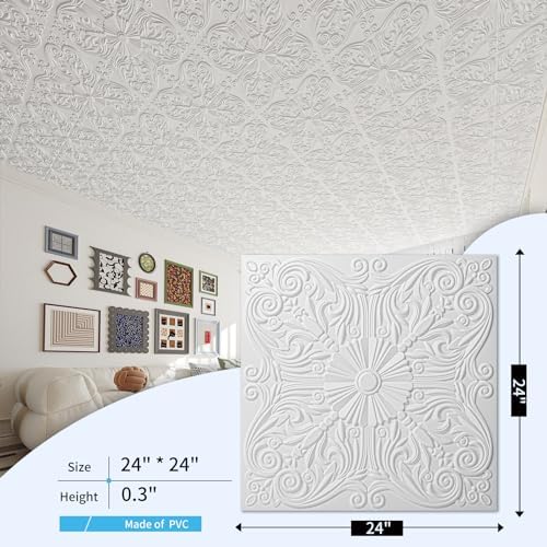 Art3d Spanish Floral Drop Ceiling Tiles, 24 x 24 in, Matt White - Image 5