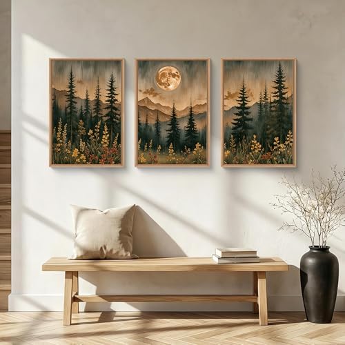 Vintage Moonlight Forest Mountain Framed Canvas Wall Art Set- 24"x36"x3 - Image 2