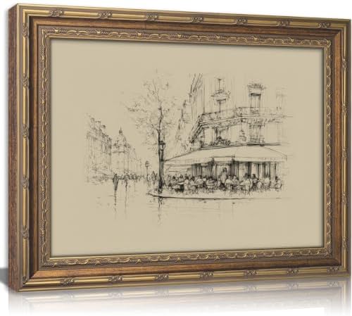 Vintage Gold Framed Black and White Sketch Wall Art French Cafe Sketch Canvas by HPZFEIJJWallArt