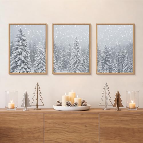 Snowy Christmas Tree Natural Woodland Framed Canvas Wall Art Set- 12"x16"x3 - Image 2
