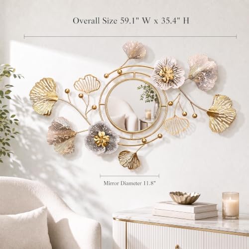 59" Large 3D Ginkgo Floral Metal Wall Decor Mirror - Image 7