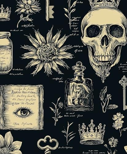 Laatse Gothic Black Beige Skull Floral Wallpaper Peel and Stick 17.5"x118" by Laatse