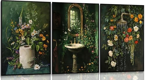 3Pcs Vintage Dark Green Bathroom Wall Art Shower Toilet Paper Roll Floral by Unknown