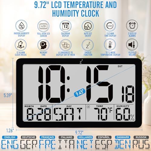 Large Digital Wall Clock, Battery Operated 9.72” LCD Alarm Clock - Image 2