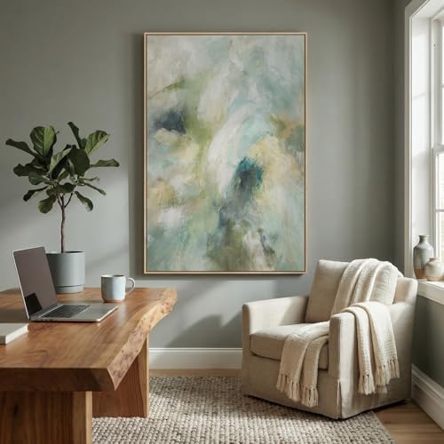 Extra Large Framed Teal Sage Green Abstract Wall Art, Vertical 40x60 In - Image 3