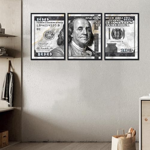 Black and White Canvas Wall Art Benjamin Franklin 100 Dollar Money Painting 3 - Image 2
