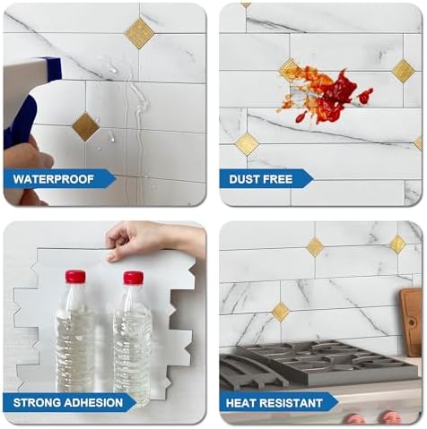 Stone Kitchen Wall Tiles Peel Stick Backsplash White Gold 10pcs - Image 6