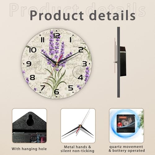 Vintage Floral with Lavenders Wall Clock Silent Non-Ticking Battery Operated - Image 3
