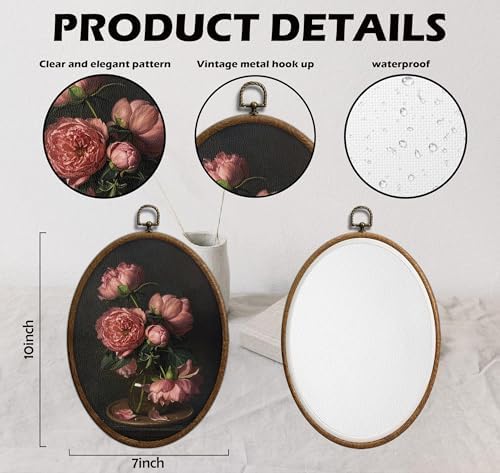 Moody Pink Peony Oval Wall Art, Vintage Dark Pink Peonies Oval Framed Wall Art - Image 2