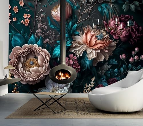 Luxurious 3D Floral Peony Teal Leaves Wallpaper Peel Stick - Image 2