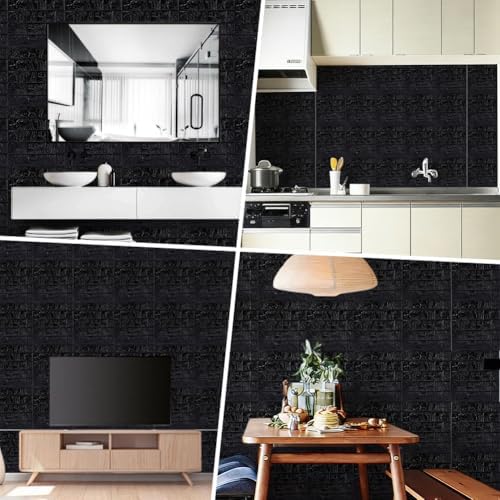 CRASPIRE 10Pcs 3D Faux Stone Peel and Stick Wall Black Tile Panels 11.8x11.8in - Image 5