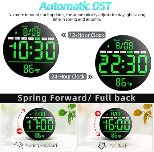8in Round Digital Wall Clock, Large LED Display, Auto DST, Temperature - Image 5