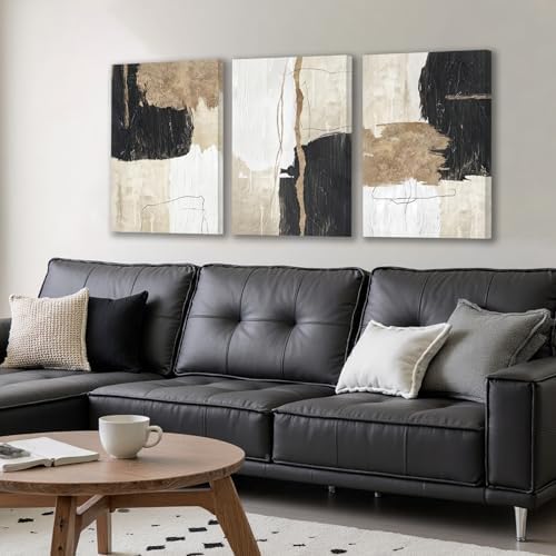 AVECCO Triptych Abstract Black Beige Gold Wrapped Canvas Wall Art 16x24 In - Image 5