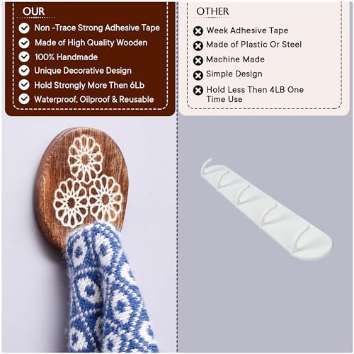 Indian Shelf 3 Boho Wood Adhesive Wall Hooks, 6 lb Hangers - Image 3
