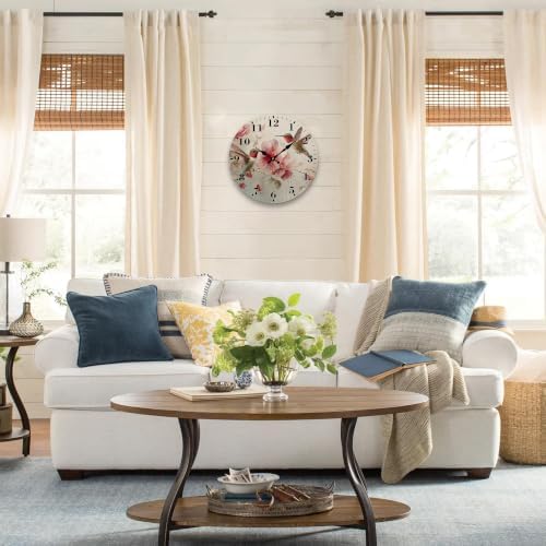 12" Silent Wall Clock, Round Wall Clock, Hummingbird and Pink Flowers - Image 4