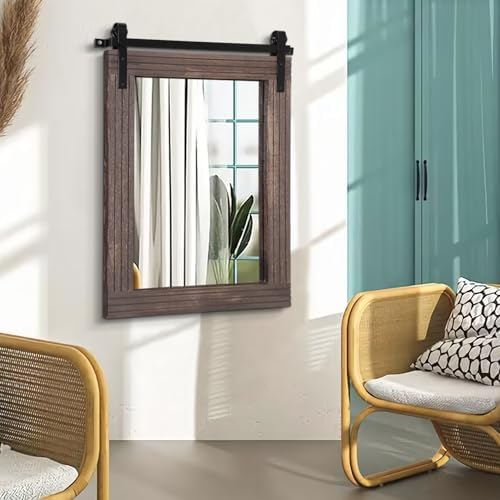 AAZZKANG Rustic Large Wood Mirror Barn Door Wall Mirror 30"x22"with Frame - Image 4