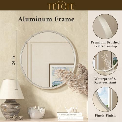 TETOTE Round Mirror 24 inch Brushed Nickel Mirror - Image 3