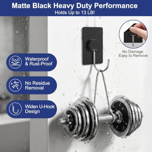 Adhesive Wall Hooks No Drill Large Black Heavy Duty, 13LB Sticky 12 Pack - Image 2