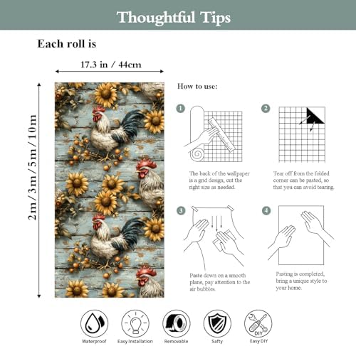 Peel and Stick Mural Sunflowers Rooster Removable Wallpaper 17.3"x118" Self - Image 7
