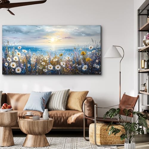 crmotu Extra Large Canvas Art, Beach Daisy Sunset Pictures 29X57 In - Image 2