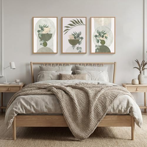FWIEXA Sage Green Plant Canvas Wall Art Set 3, Abstract Geometric Line - Image 3