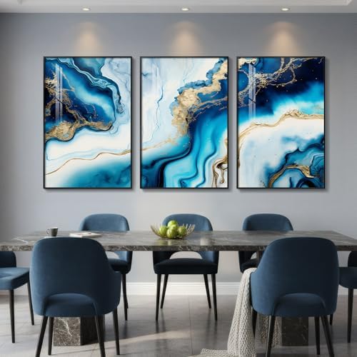 Large Framed Blue and Gold Abstract Wall Art - Image 2
