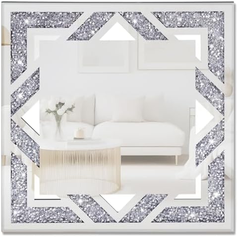 Square Hollow Crushed Diamond Decorative Mirror, 20”x20” Silver Crushed Diamond by WALTSOM