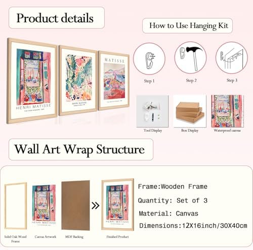 Wooden Framed Matisse Wall Art Set of 3 Abstract Henri Matisse Posters Vintage - Image 3