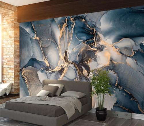 Modern Abstract Blue Gold Fluid Art Wallpaper Peel Stick - Image 2
