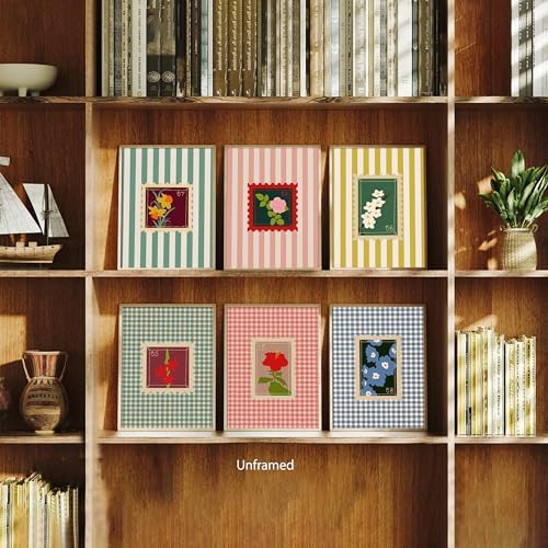 Coquette Pink Floral Posters Wall Art Set of 6, Colorful Stripes and Checks - Image 2