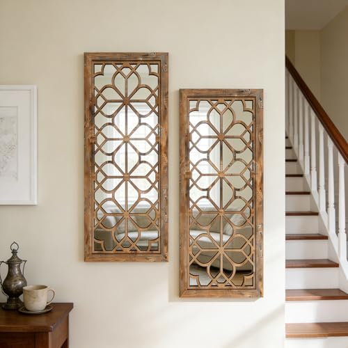 Set of 2 13x30 Inch Large Maroon Shatterproof Carved Floral Wood Frame Wall by HMANGE
