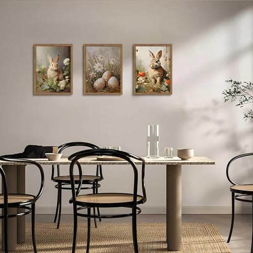 Vintage Easter Bunny Wall Art Set of 3, Spring Easter Rabbit Eggs Canvas Wall - Image 4