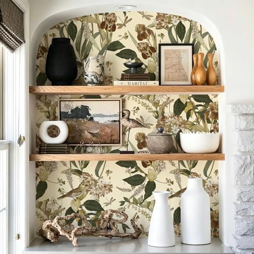 Beige Floral Bird Peel and Stick Wallpaper - Image 4