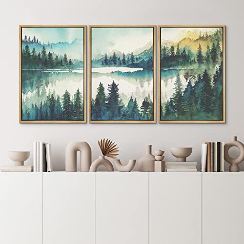 MUDECOR Framed Canvas Print Wall Art Set Watercolor Teal Emerald Green Mountain - Image 3