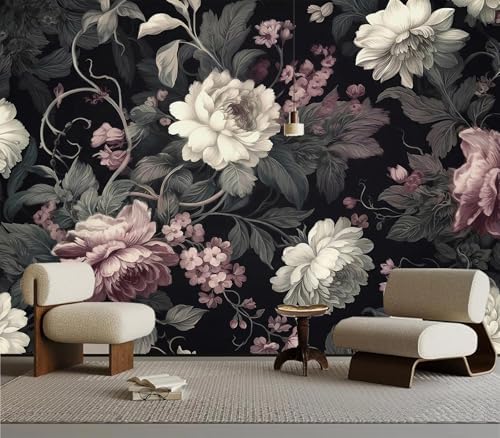 Elegant Dark Background Floral Peony Pattern Wallpaper by Unknown