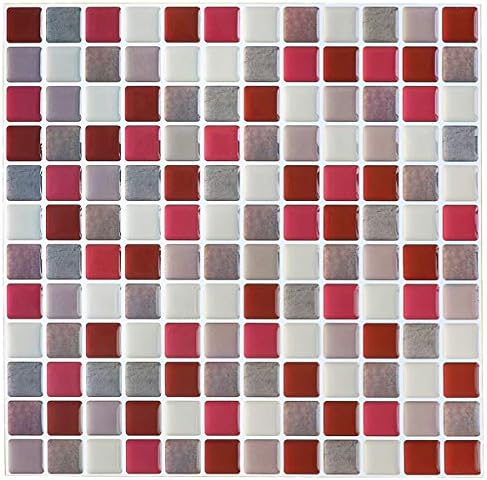 Yoillione 3D Mosaic Tile Sticker Removable Wallpaper Tile Red, 3D Self Adhesive by Yoillione