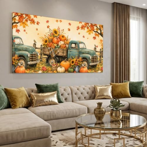 Fall Farmhouse Large Wall Art Vintage Truck Pumpkins Sunflower Maple Leaf - Image 4