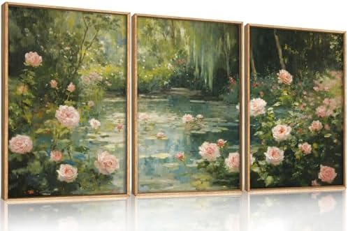 Aryroi Monet Garden Water Lilies Framed Canvas Wall Art Set, Impressionist Pond by Aryroi