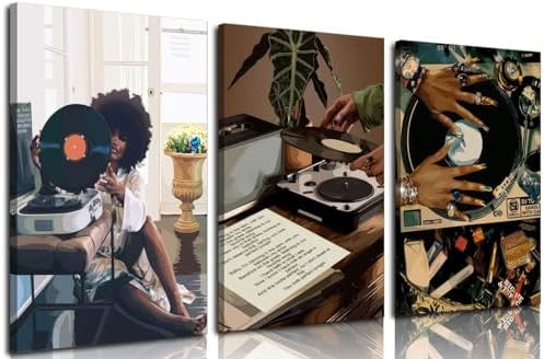 Framed Black Girl Canvas Wall Art 3Pcs black Girl Record Music Wall Decor by Unknown
