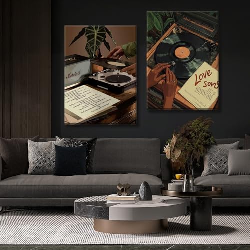 Framed 2pcs Black Woman Music Print Wall Art Retro Vinyl Record Canvas Posters - Image 4