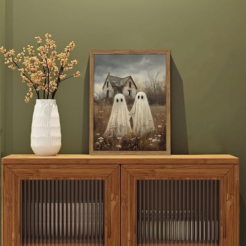 Framed Vintage Halloween Ghost Wall Art, Cute Two Ghost Holding Hands Canvas - Image 6