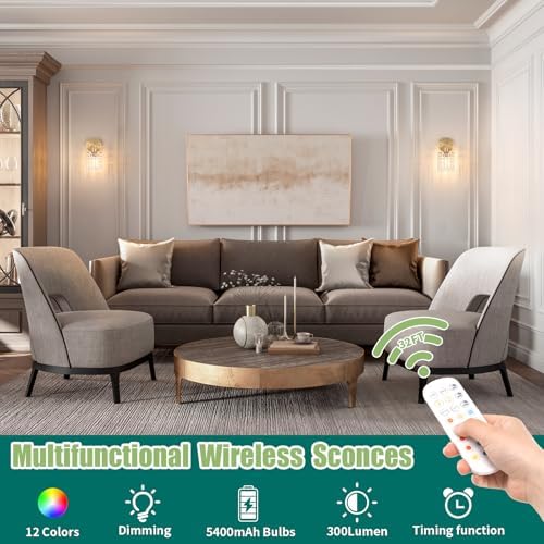 Shenmoyl Set of 2 Crystal Battery Operated Wall Sconce, Rechargeable Battery - Image 4