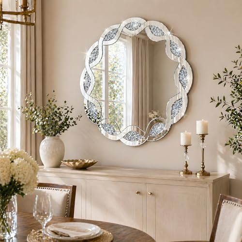 Elegant Round Wall Mirror Crushed Diamond Frame, Sparkling Crystal Luxury Mirror - Image 2