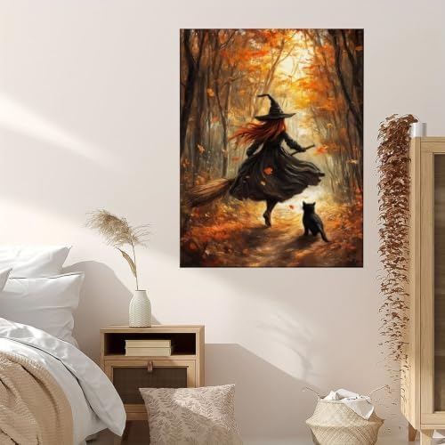 Forest Witch Black Cat Canvas Wall Art, Autumn Halloween Witch Poster Decor - Image 5
